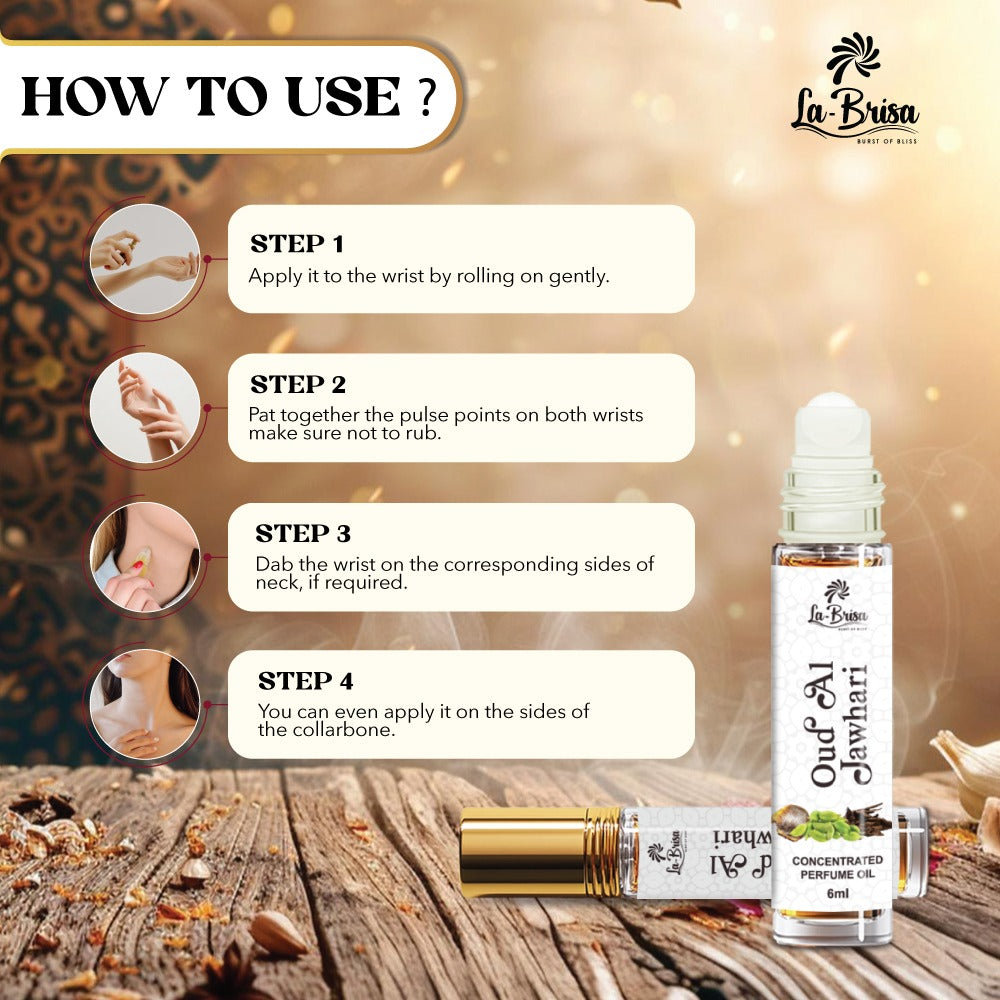 La Brisa Oud Al Jawhari Attar Roll On, 6ml | Long Lasting Oudh Attar For Men & Women | Spicy Leathery Woody Notes