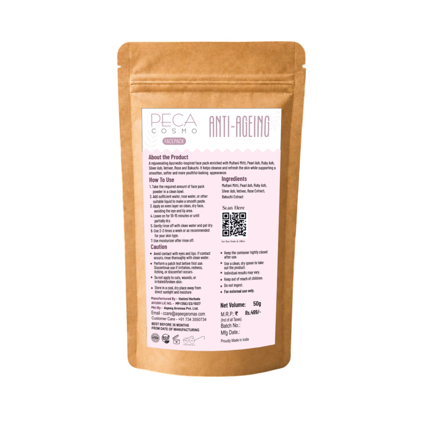 Peca Cosmo Anti-Ageing Face Pack, 50gms | 100% Organic & Natural | No Artificial Fragrance | Suitable For All Skin Types