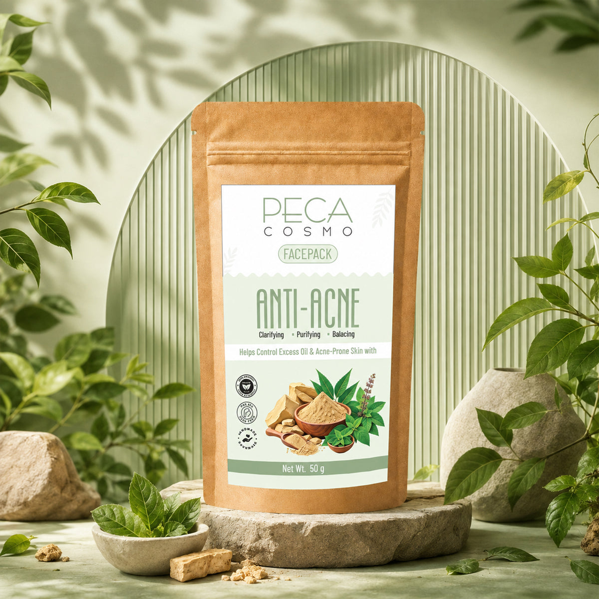 Peca Cosmo Anti-Acne Face Pack, 50gms | 100% Organic & Natural | No Artificial Fragrance | Suitable For All Skin Types