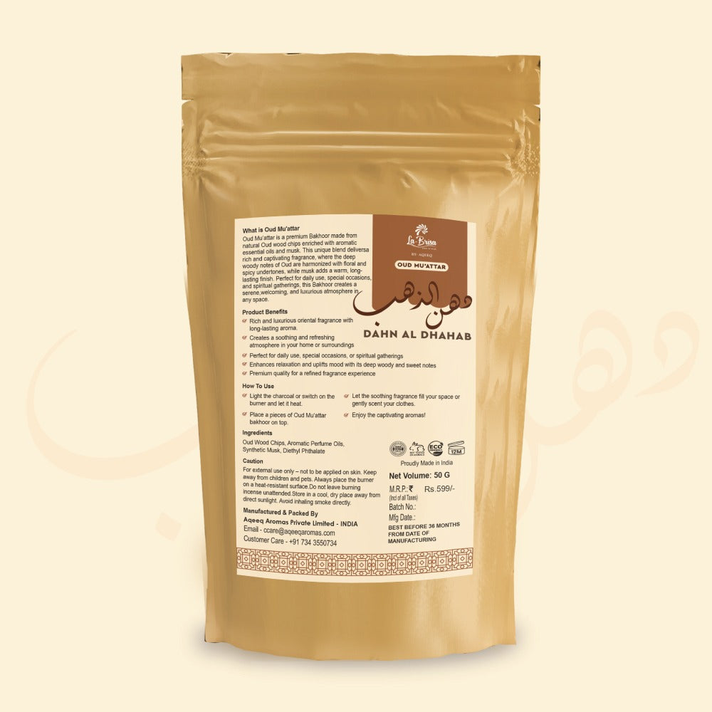 La Brisa Dahn Al Dhahab Oud Muatter | Rose Saffron Woody Arabian Bakhoor Incense | Oud Wood Chips | 50gms