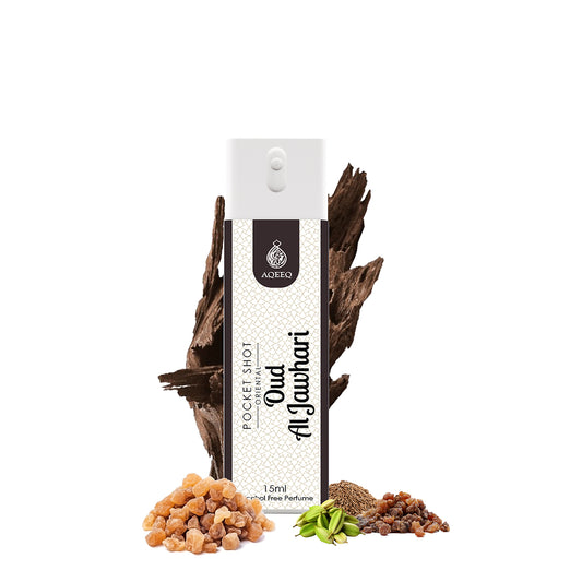 Aqeeq Oud Al Jawhari Pocket Shot, 15ml | Premium Long Lasting Unisex Alcohol Free Perfume | Spicy, Agarwood, Leathery & Musky Notes | Eau De Parfum |