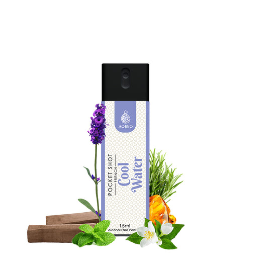 Aqeeq Cool Water Pocket Shot, 15ml | Premium Long Lasting Unisex Alcohol Free Perfume | Mint, Lavender, Jasmine & Musky Notes | Eau De Parfum |