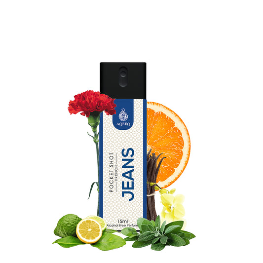 Aqeeq Jeans Pocket Shot, 15ml | Premium Long Lasting Unisex Alcohol Free Perfume | Citrus, Rose, Vanilla & Ambery Notes | Eau De Parfum |