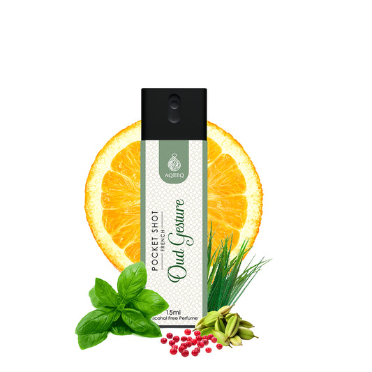 Aqeeq Oud Gesture Pocket Shot, 15ml | Premium Long Lasting Unisex Alcohol Free Perfume | Oud, Bergamot, Pink Pepper & Musky Notes | Eau De Parfum |