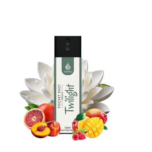 Aqeeq Twilight Pocket Shot, 15ml | Premium Long Lasting Unisex Alcohol Free Perfume | Mango, Raspberry, Lotus & Musky Notes | Eau De Parfum |