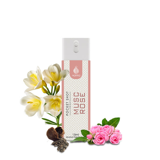 Aqeeq Musc Rose  Pocket Shot, 15ml | Premium Long Lasting Unisex Alcohol Free Perfume | Freesia, Rose, Water Lily & Musky Notes | Eau De Parfum |