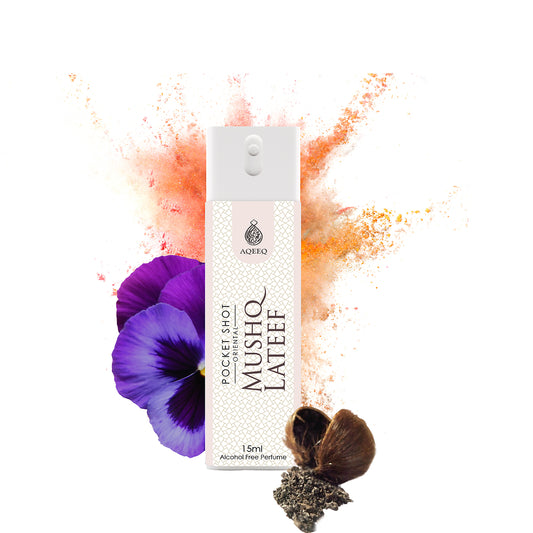 Aqeeq Mushq Lateef Pocket Shot, 15ml | Premium Long Lasting Unisex Alcohol Free Perfume | Floral, Violet, Sweet Powdery & Musky Notes | Eau De Parfum |