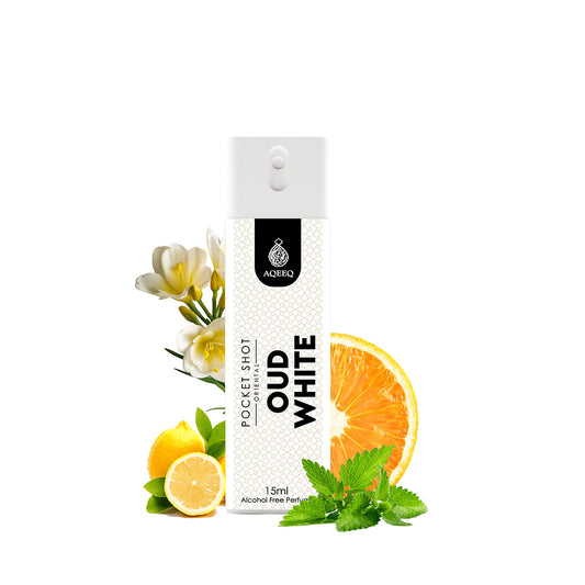Aqeeq Oud White Pocket Shot, 15ml | Premium Long Lasting Unisex Alcohol Free Perfume | Lemon, Rose, Patchouli & Musky Notes | Eau De Parfum |