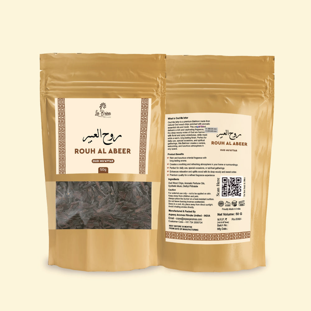 La Brisa Rouh Al Abeer Oud Muattar 50g front and back pouch