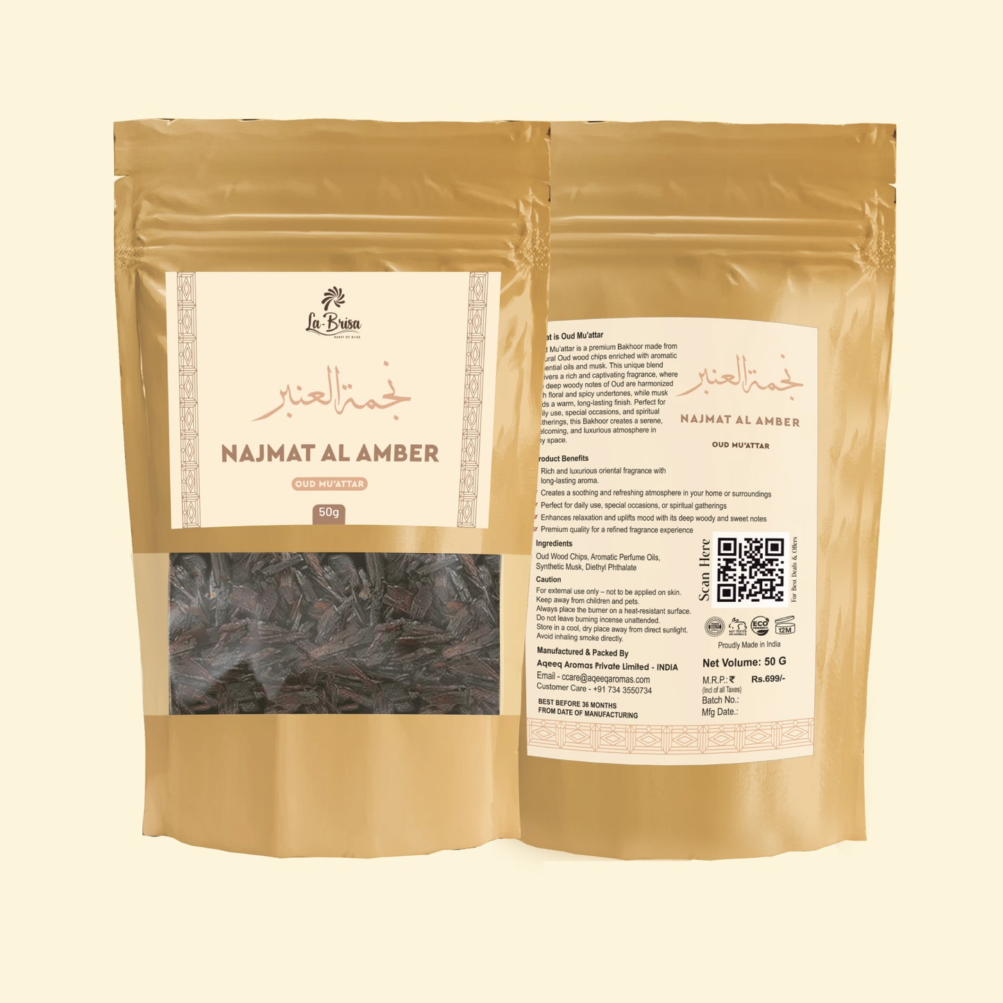 La Brisa Najmat Al Amber Bakhoor Oud Muattar | Fresh Floral Musk Amber Arabic Bakhoor Incense | Oud Wood Chips | 50gms
