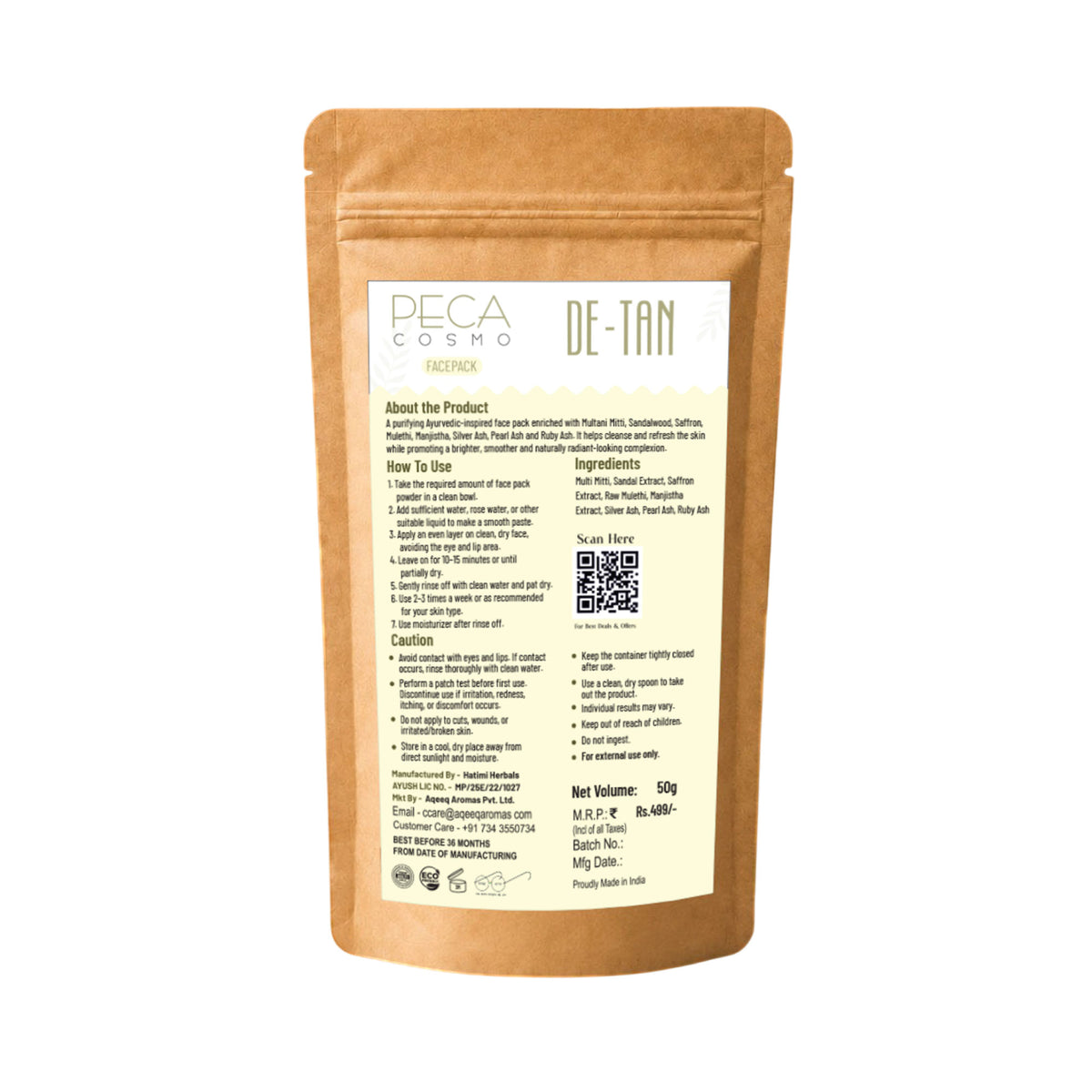 Peca Cosmo De-Tan Face Pack, 50gms | 100% Organic, Natural & Handmade | No Artificial Fragrance | Suitable For All Skin Types