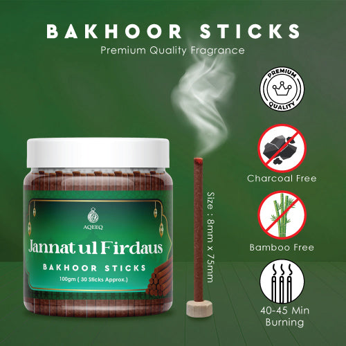 Aqeeq Jannat Al Firdaus Premium Bakhoor Sticks | Fresh, Green, Herbal Notes | Modern Arabian Aroma | Charcoal & Bamboo Free | Ideal for Daily Use | 100gms/30 Sticks Approx. Stick Size - 8mm x 75mm |
