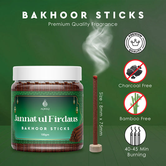 Aqeeq Jannat ul Firdaus Premium Bakhoor Sticks | Floral Herbal Arabian Fragrance | Charcoal & Bamboo Free | 100/200gms