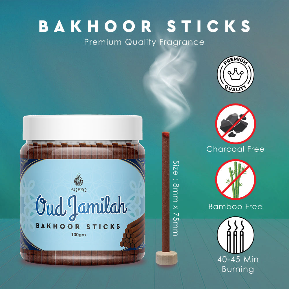 Aqeeq Oud Jamilah Premium Bakhoor Sticks | Spicy Arabian Oud Incense | Charcoal & Bamboo Free | 100/200gms