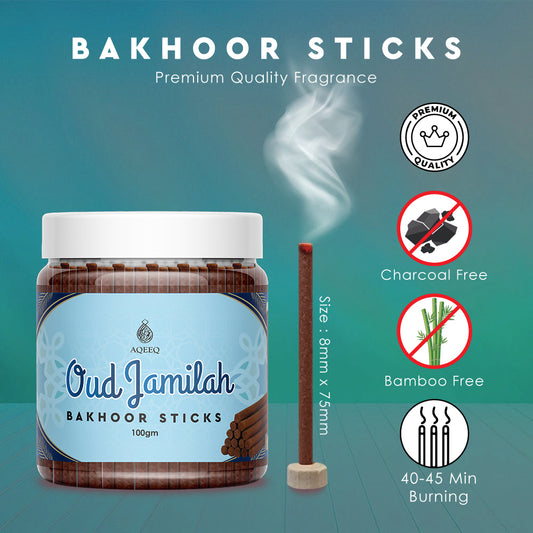 Aqeeq Oud Jamilah Premium Bakhoor Sticks | Spicy Arabian Oud Incense | Charcoal & Bamboo Free | 100/200gms