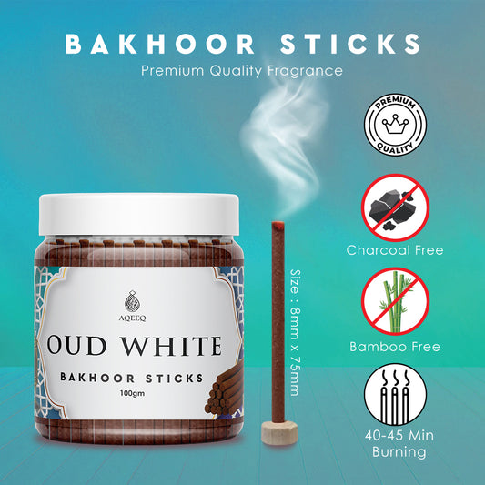 Aqeeq Oud White Premium Bakhoor Stick | Citrus Floral Woody Arabian Aroma | Charcoal & Bamboo Free | 100/200gms
