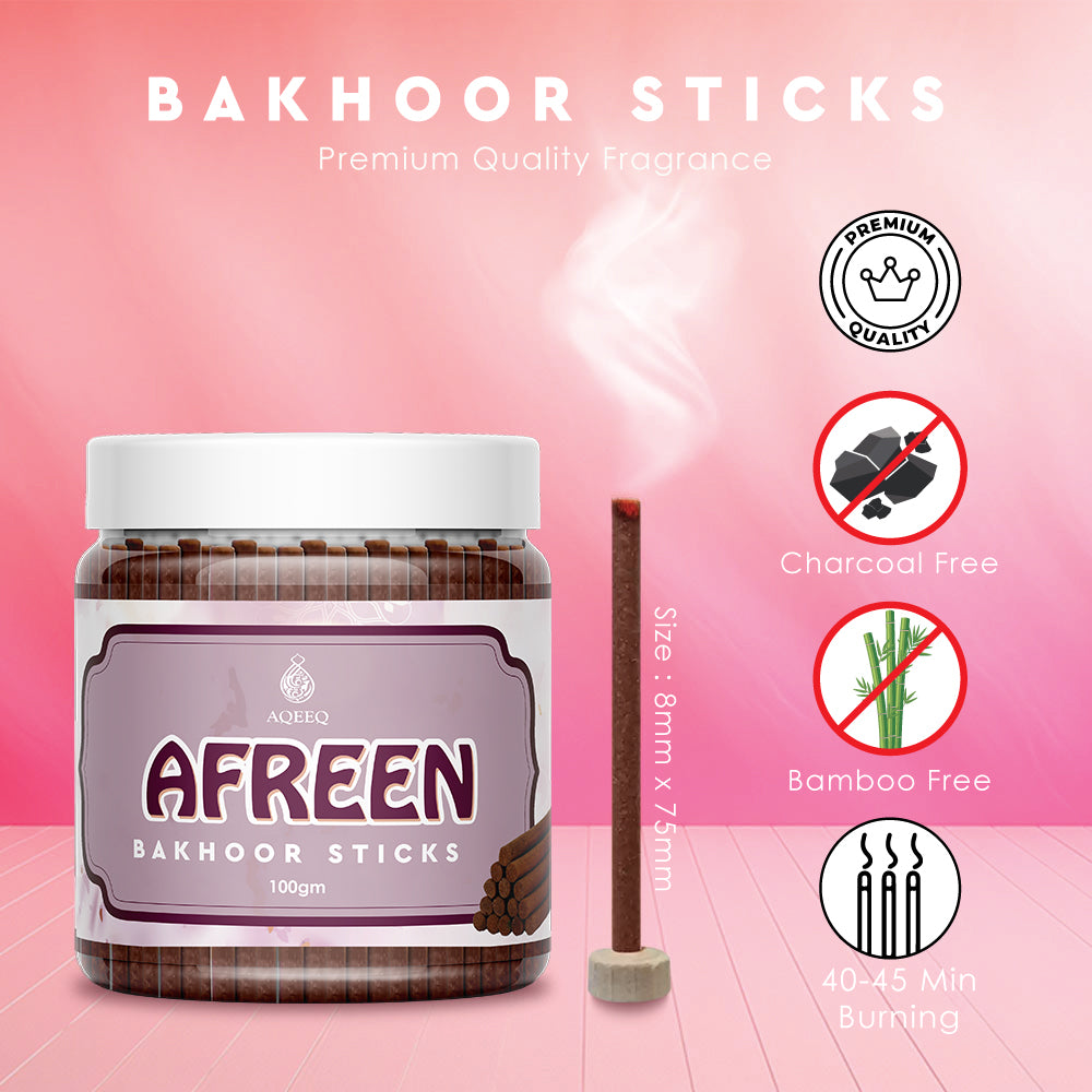 Aqeeq Afreen Premium Bakhoor Sticks | Floral Arabian Aroma | Charcoal & Bamboo Free | 100/200gms
