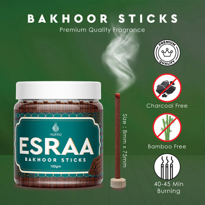 Aqeeq Esraa Premium Bakhoor Sticks | Sweet Floral Woody Aroma | Charcoal & Bamboo Free | 100/200gms