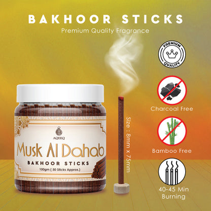 Aqeeq Musk Al Dahab Premium Bakhoor Sticks | Sweet, Floral, Woody Notes | Modern Arabian Aroma | Charcoal & Bamboo Free | Ideal for Daily Use | 100gms / 30 Sticks Approx. Stick Size - 8mm x 75mm |