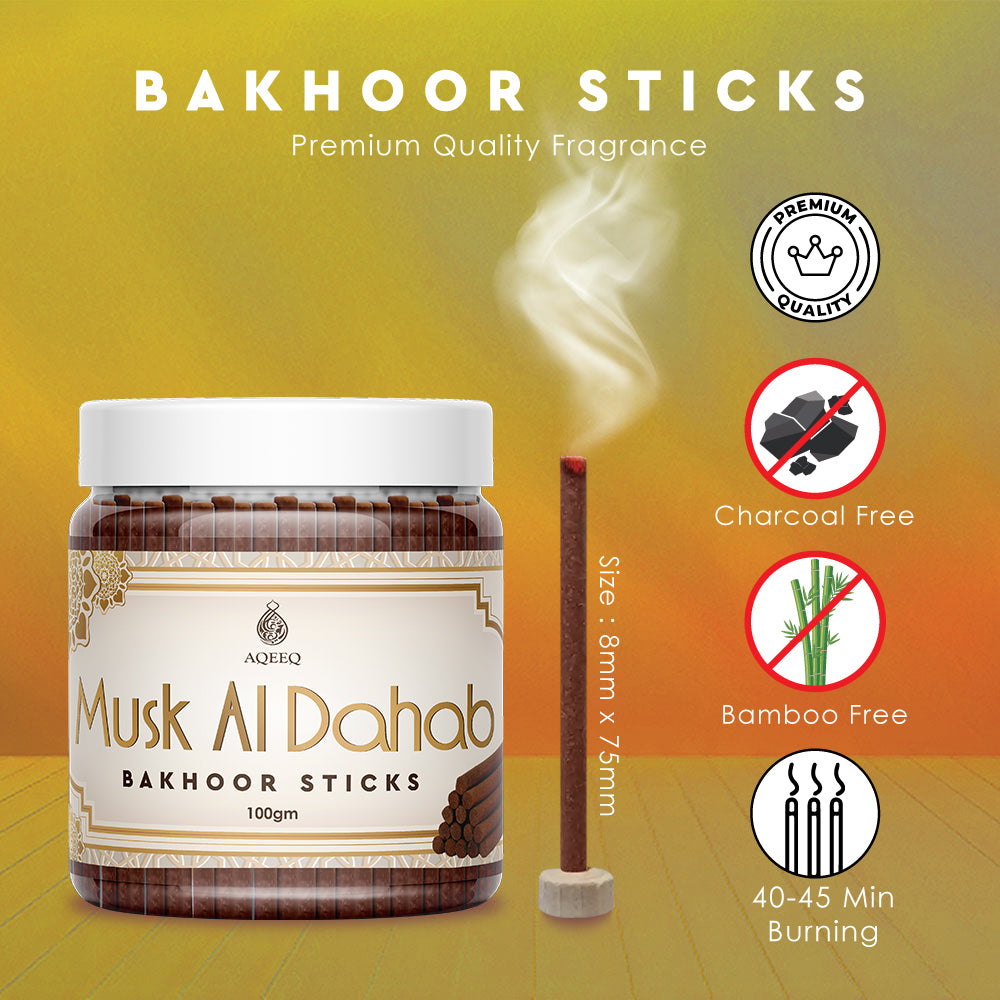 Aqeeq Musk Al Dahab Premium Bakhoor Sticks | Sweet Strong Musky Aroma | Charcoal & Bamboo Free | 100/200gms
