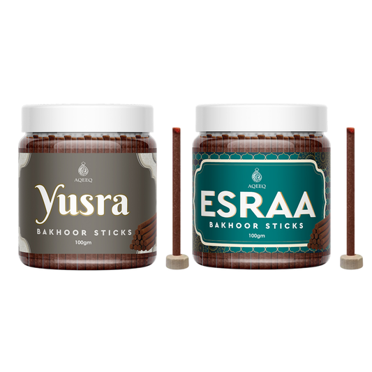 Aqeq Esraa & Yusra Premium Bakhoor Sticks - COMBO | 100gms Jar Pack | 25-30 Sticks Approx.