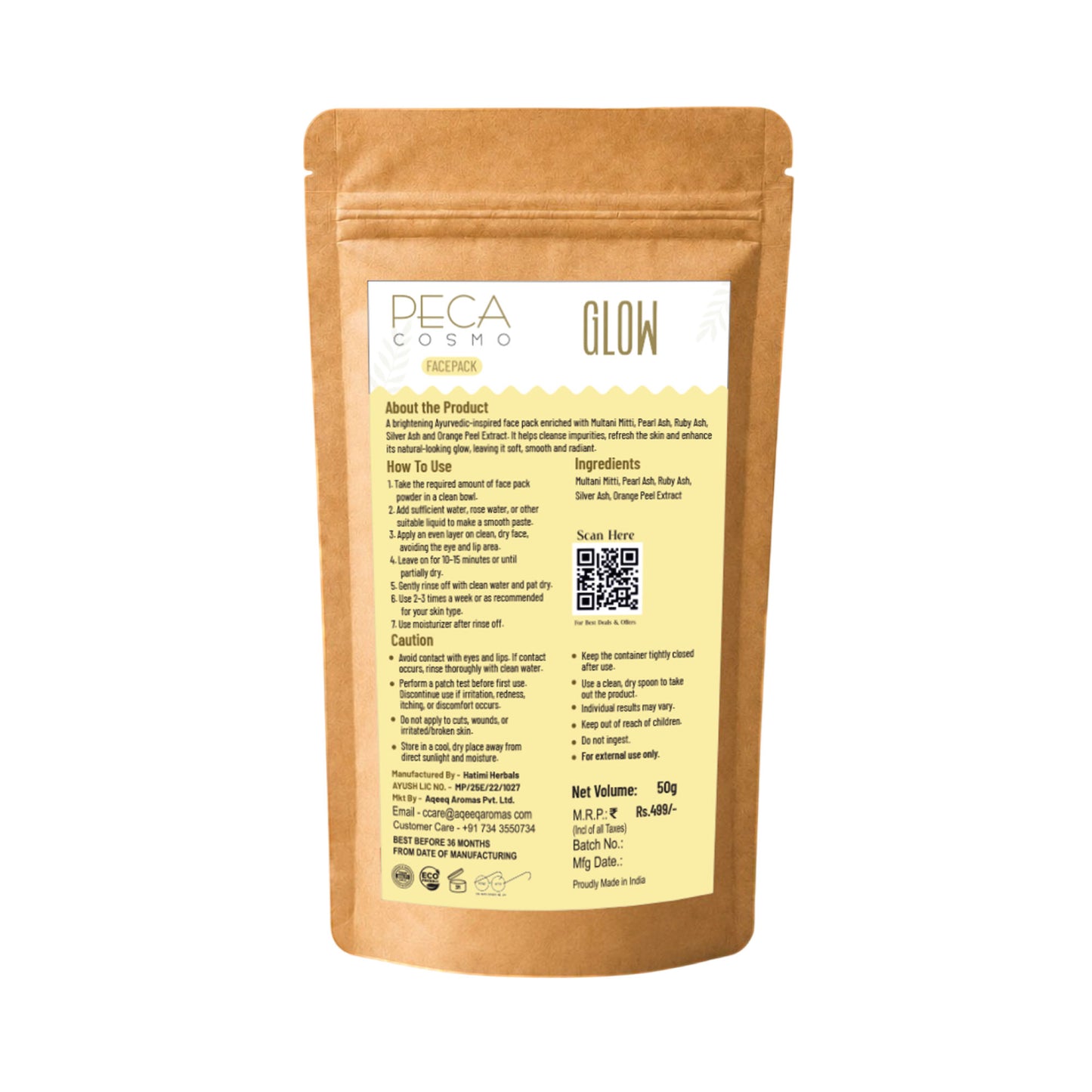 Peca Cosmo Glow Face Pack, 50gms | 100% Organic, Natural & Handmade | No Artificial Fragrance | Suitable For All Skin Types