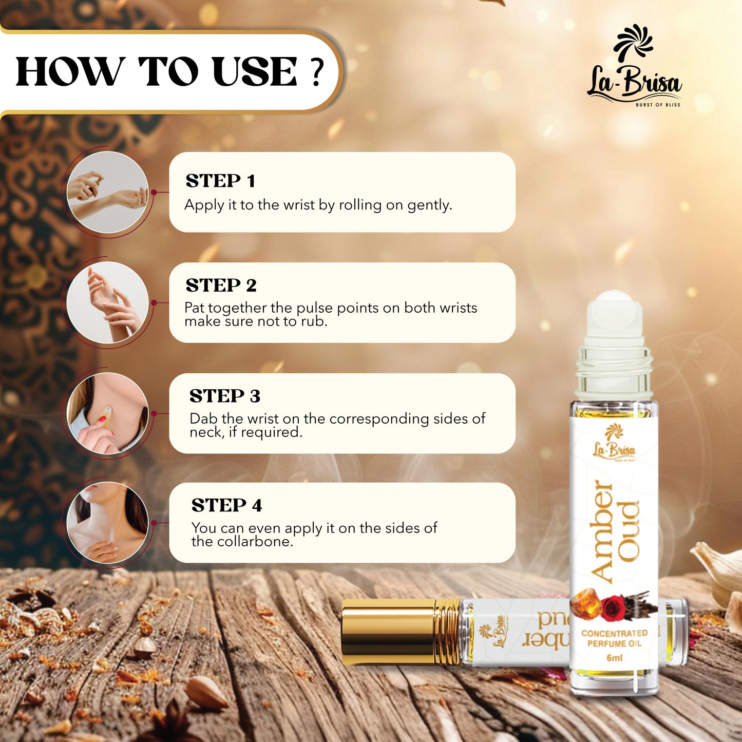 La Brisa Amber Oud Attar For Men & Women | Rose Amber Oud Musk Fragrances | Unisex Attar Roll On | 6ml