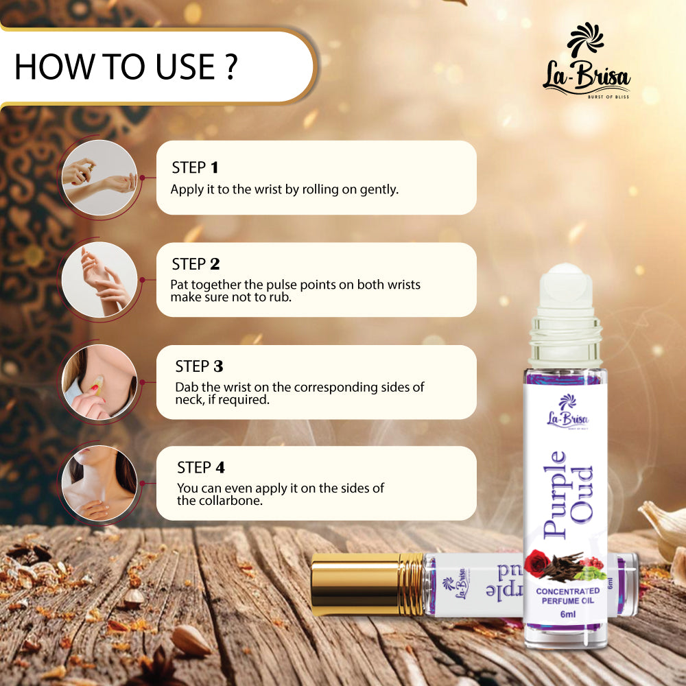 La Brisa Purple Oud Attar Roll On, 6ml | Fruity Floral Woody Attar For Men & Women | Rose Oud Amber Musk Notes