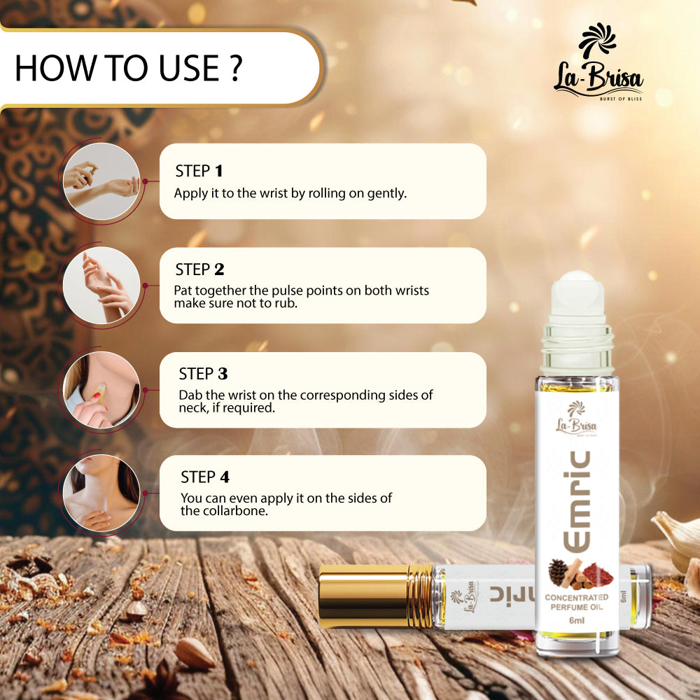 La Brisa Emric Attar Roll On, 6ml | Long Lasting Unisex Attar | Rose Woody Musky Fragrance