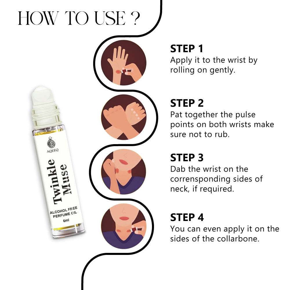 Aqeeq Twinkle Muse Attar For Women | Sweet Fruity Vanilla Musk Attar Perfume Roll On | Long Lasting Alcohol Free Women Attar | 6ml
