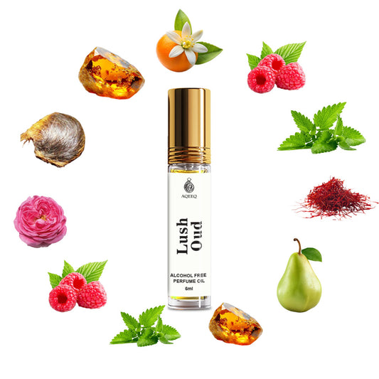 Aqeeq Lush Oud Attar For Men & Women | Long Lasting Unisex Attar | Fresh Spicy Floral Oud Attar Roll On | 6ml