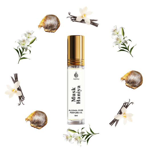 Aqeeq Musk Haniya Arabic Attar For Men & Women | Long Lasting Musk Lily Vanilla Arabian Unisex Attar Roll On | 6ml