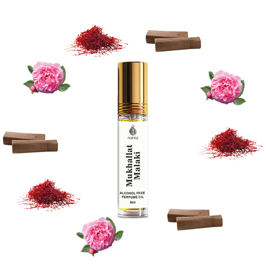 Aqeeq Mukhallat Malaki Premium Attar Roll On, 6ml | Long Lasting Arabic Attar for Men | Rose Saffron Oud Sandalwood Notes