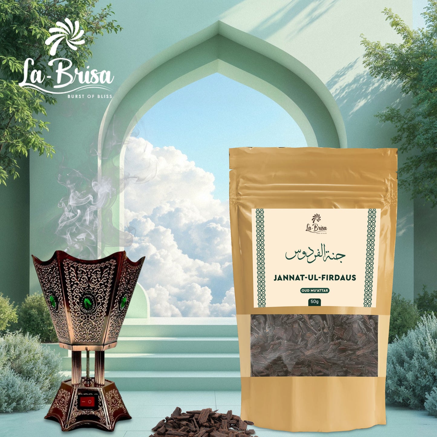 La Brisa Jannat ul Firdaus Bakhoor Oud Muattar | Fresh Herbal Earthy Traditional Arabian Fragrance | 50gms