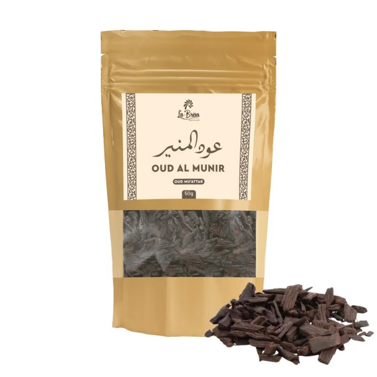 La Brisa Oud Al Munir Oud Muattar 50g bakhoor pouch with oud wood chips