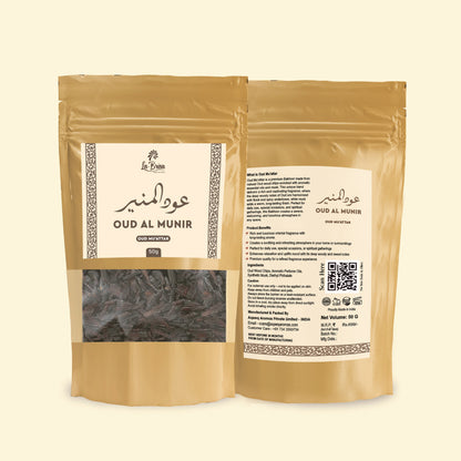 La Brisa Oud Al Munir 50g bakhoor pouch front and back packaging