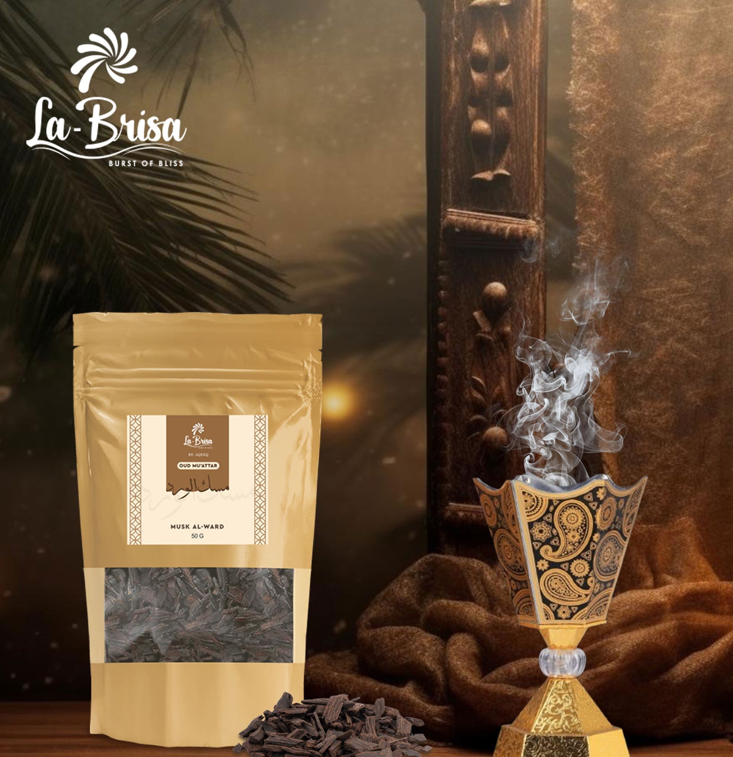 La Brisa Musk Al Ward Bakhoor Oud Muattar | Rose Musk Woody Fragrance | Arabian Oud Wood Chips | 50gms