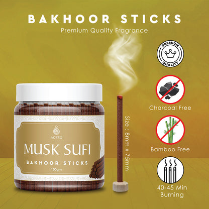 Aqeeq Musk Sufi Premium Bakhoor Sticks | Royal Arabian Musk Fragrance | Charcoal & Bamboo Free | 100gms