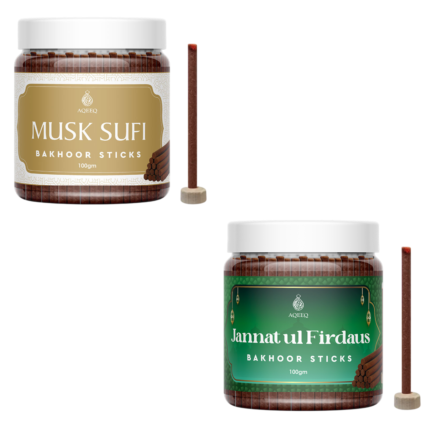 Aqeeq Musk Sufi & Jannatul Firdaus Premium Bakhoor Sticks - COMBO | 100gms Jar Pack | 25-30 Sticks Approx.