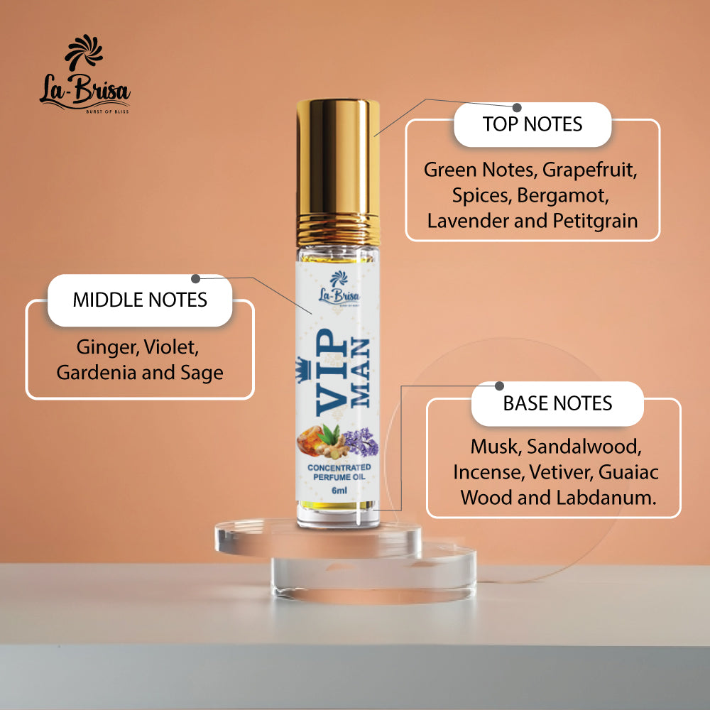 La Brisa VIP Man Attar Roll On, 6ml | Bold Citrus Fresh Green Long Lasting Attar For Men | Herbal Musk Sandalwood Incense Notes