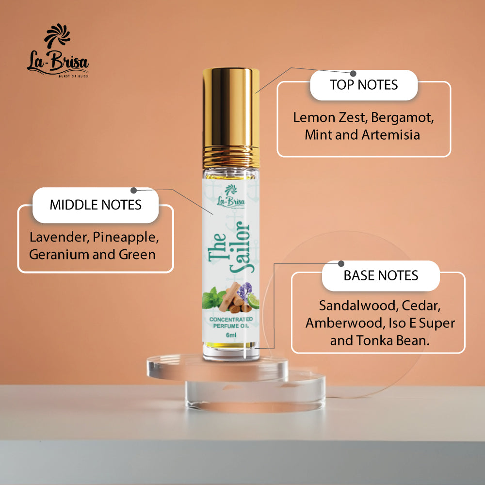 La Brisa The Sailor Attar Roll On, 6ml | Fresh Strong Aquatic Attar For Men | Citrus Aqua Woody Oceanic Notes