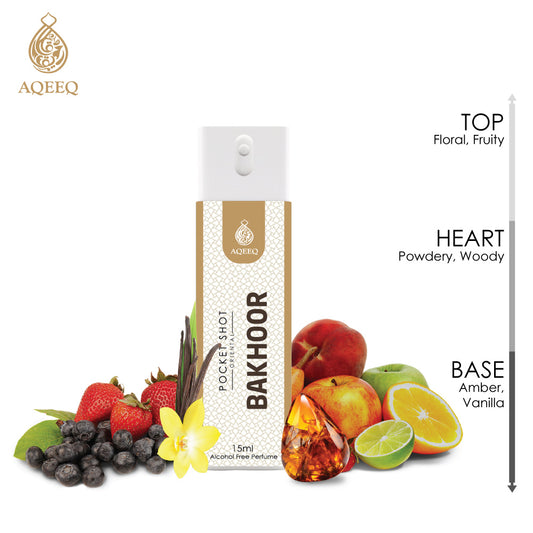Aqeeq Bakhoor Pocket Shot, 15ml | Premium Long Lasting Unisex Alcohol Free Perfume | Floral, Fruity, Woody & Ambery Notes | Eau De Parfum |