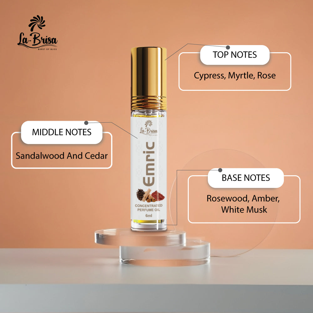 La Brisa Emric Attar Roll On, 6ml | Long Lasting Unisex Attar | Rose Woody Musky Fragrance