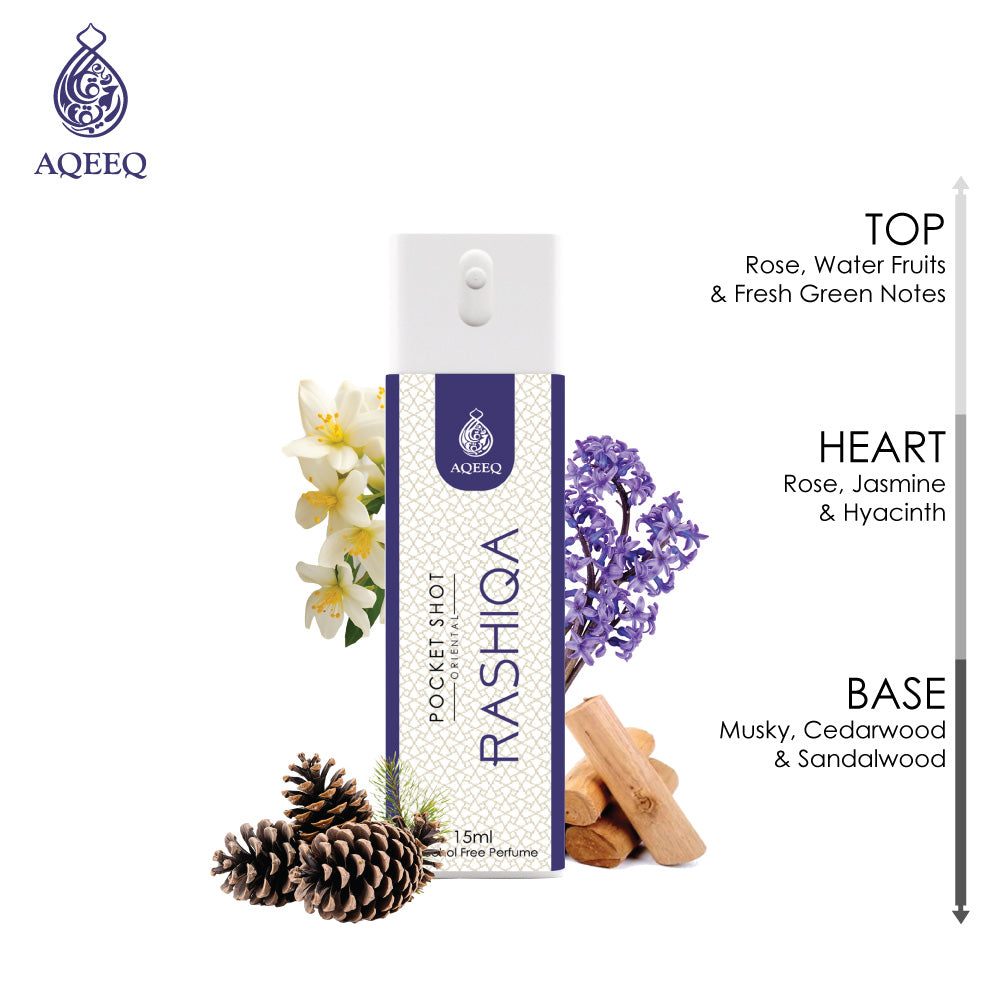 Aqeeq Rashiqa Pocket Shot, 15ml | Premium Long Lasting Unisex Alcohol Free Perfume | Fruity, Rose, Jasmine & Musky Notes | Eau De Parfum |