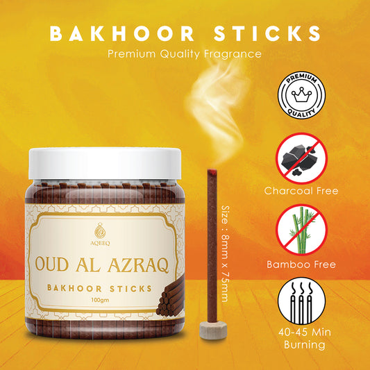 Aqeeq Oud Al Azraq Premium Bakhoor Sticks | Fresh Herbal Fragrance | Charcoal & Bamboo Free | 100gms