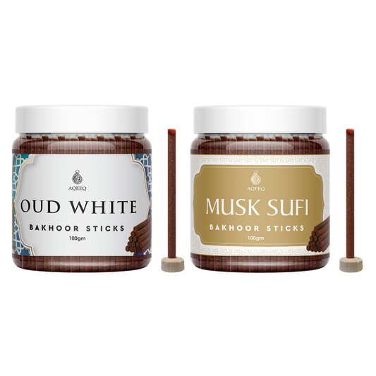 Aqeeq Oud White & Musk Sufi Premium Bakhoor sticks - COMBO | 100gms Jar Pack | 25-30 Sticks Approx.
