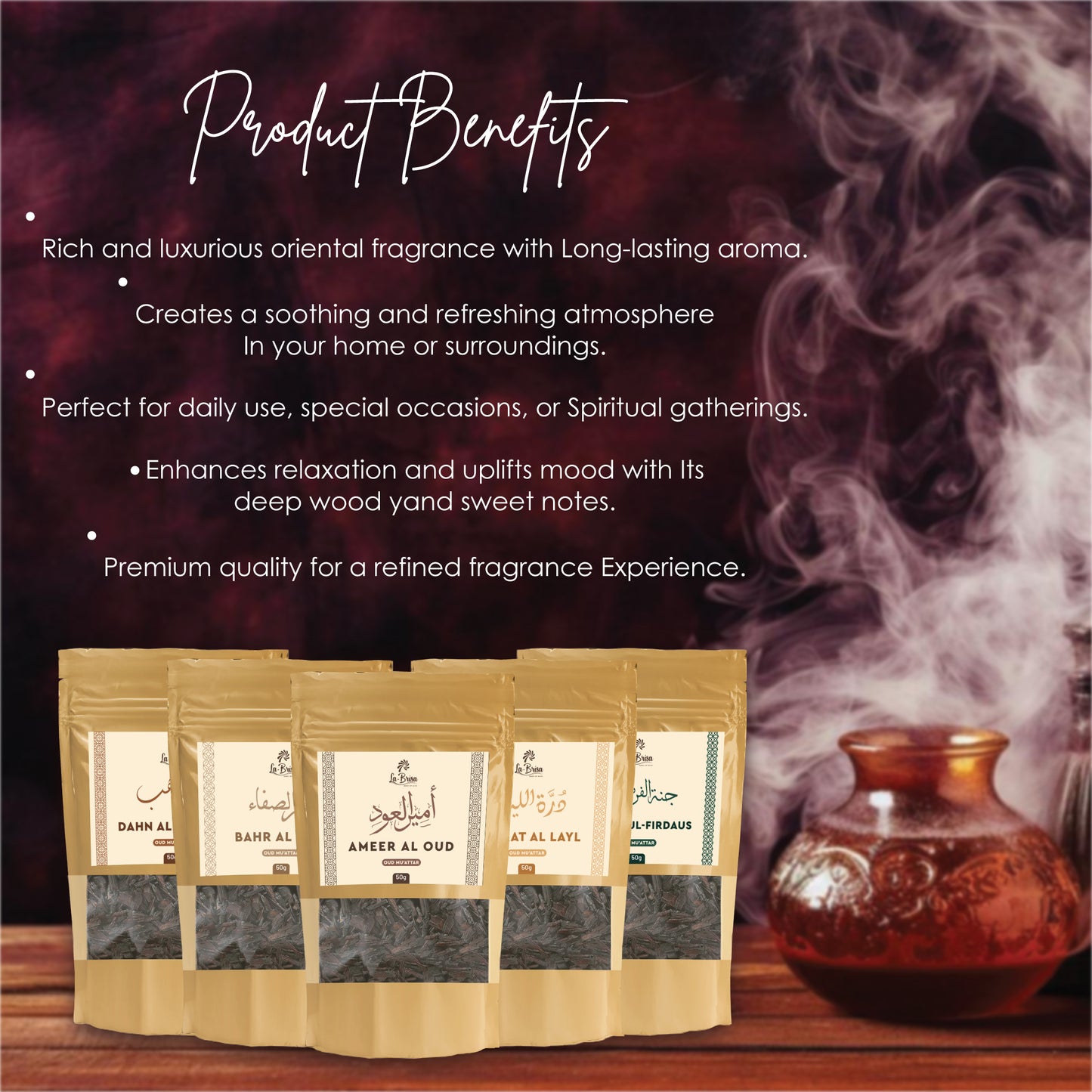 La Brisa Najmat Al Amber Bakhoor Oud Muattar | Fresh Floral Musk Amber Arabic Bakhoor Incense | Oud Wood Chips | 50gms