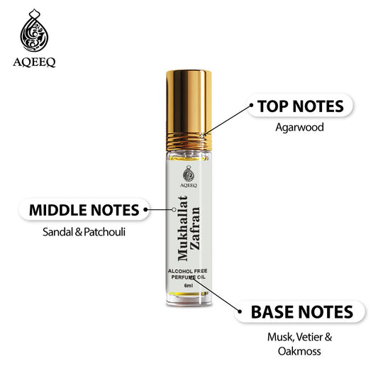 Aqeeq Mukhallat Zafran Premium Attar Roll-On 6 ml | Long-Lasting Unisex Arabian Attar | Soft Woody Fragrance