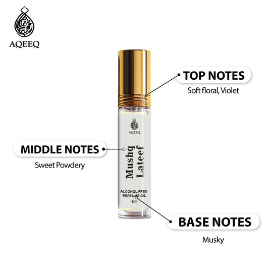 Aqeeq Mushq Lateef Attar Roll On For Men & Women | Long Lasting Soft Floral Sweet Arabian Musk Unisex Attar |  6ml