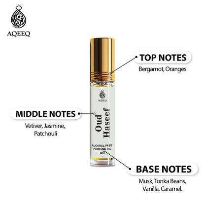 Aqeeq Oud Haseef Arabian Attar For Men & Women | Fresh Floral Soft Woody Oriental Attar Roll On | 6ml